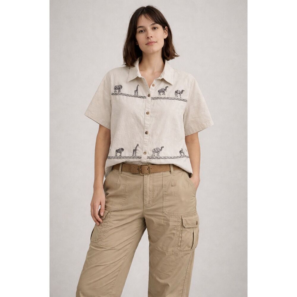 Cabin Creek Safari Animal Embroidered Linen Blend Shirt Large